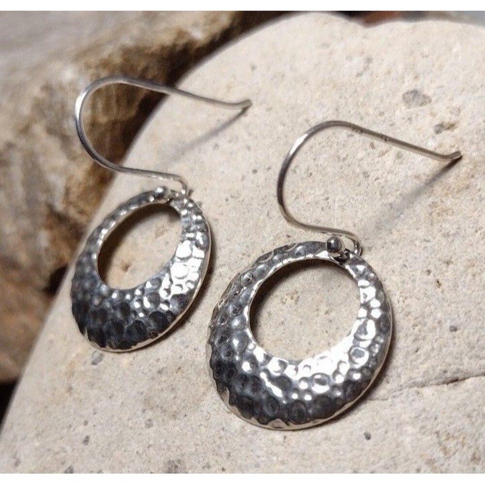 .925 Hammered AV Sterling Silver Hoop Dangle Earrings